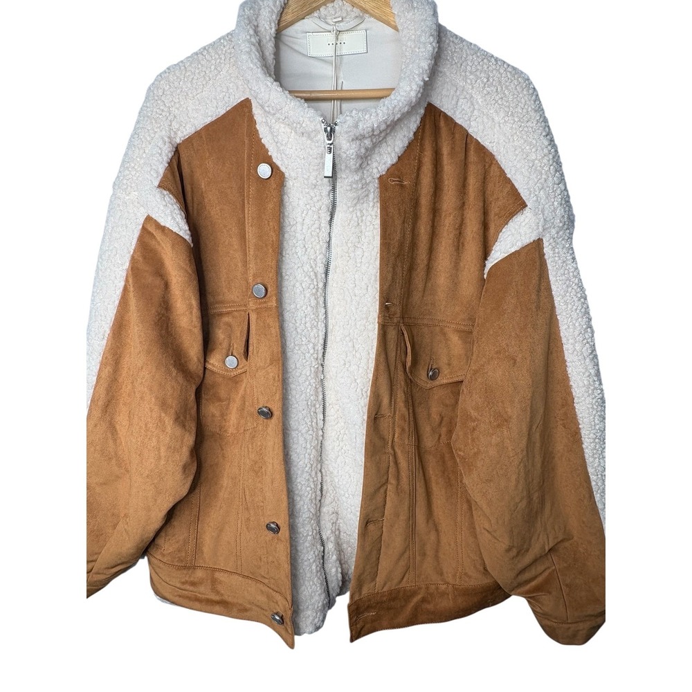 BLANKNYC Faux Suede Sherpa Jacket Womens Large Brown Cream‎ Mixed Media Zip NWT - Picture 5 of 16